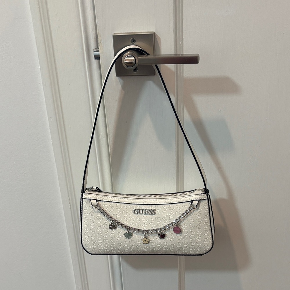 GUESS White Mini Shoulder Bag with Charm Chain